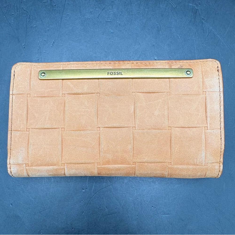 FOSSIL Camel Leather Wallet Liza Slim Bifold Weave Design 7x4 Unused Interior - Picture 1 of 8